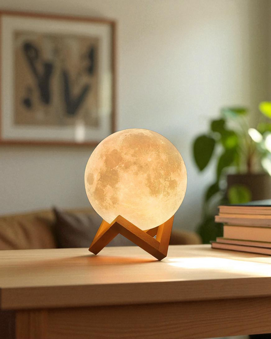 3D Printed Moon Lamp with Wooden Stand – 10cm